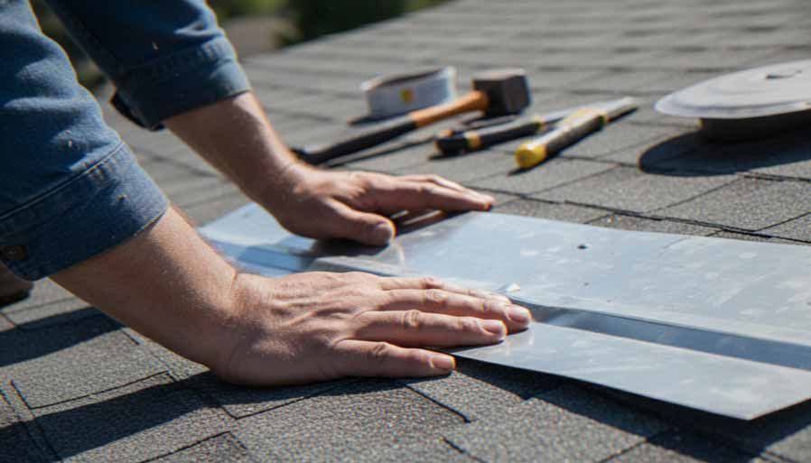 Person installing a white roofing membrane on a shingled roof with tools nearby