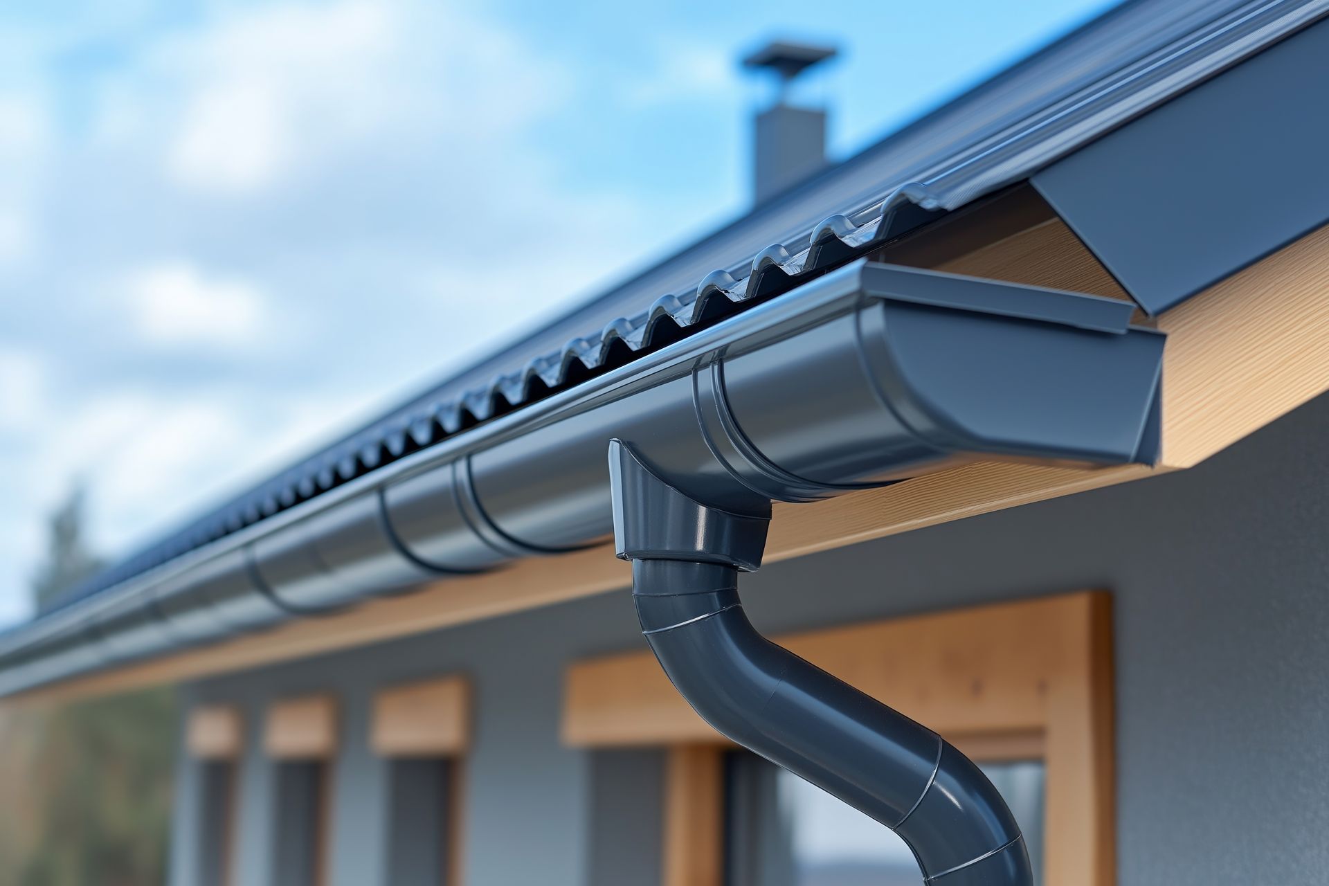 Close-up of a house roof gutter and downspout under a blue sky