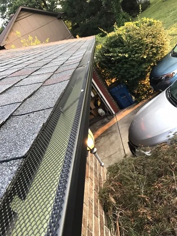 Close-up of a shingled roof with gutter guard, looking down into a driveway and shrubs below