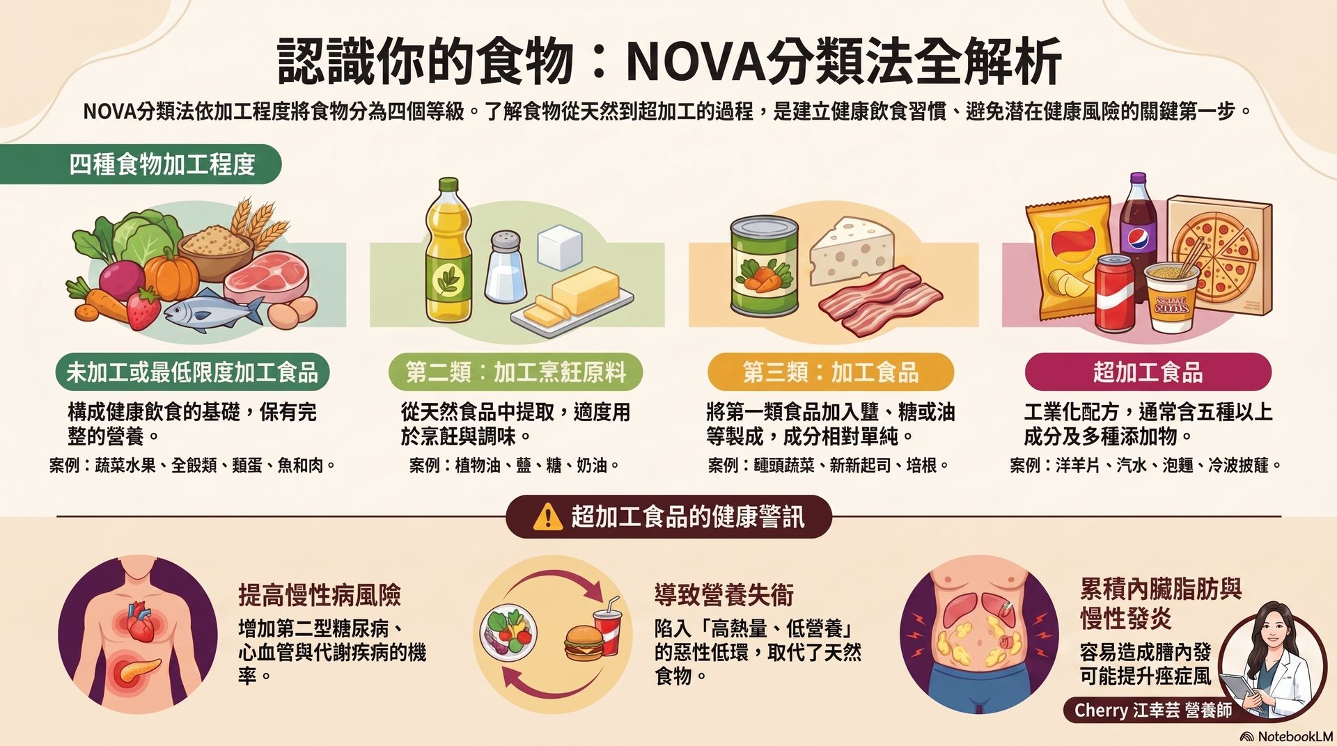 中文資訊圖表：NOVA分類法解析食物，分色展示四類加工食品與示意圖。