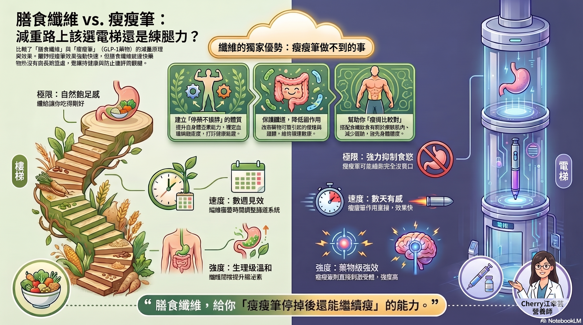 中文資訊圖，對比膳食纖維和腸泌素的關係。