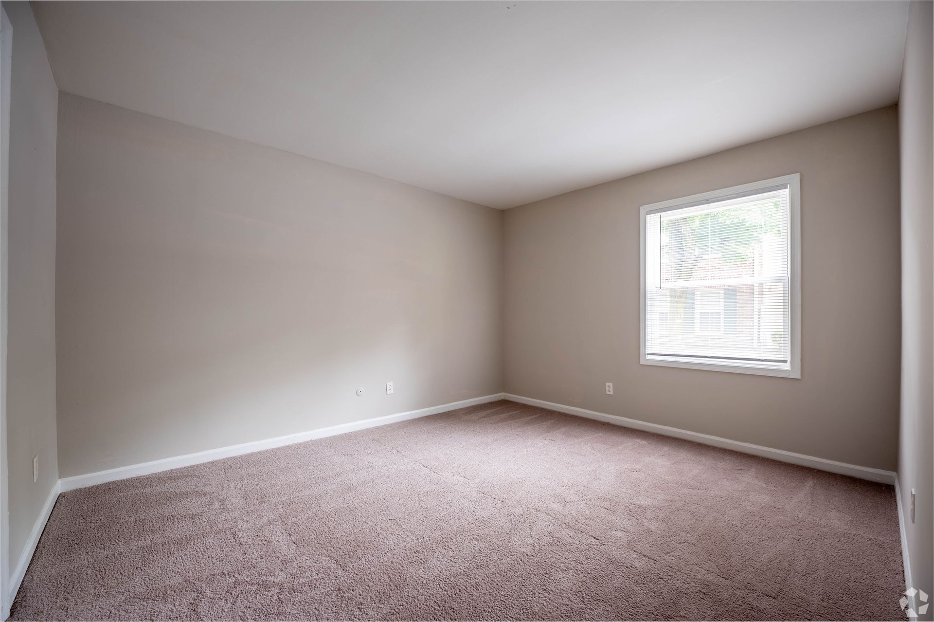 Empty room with beige walls, brown carpet, and a window with blinds.