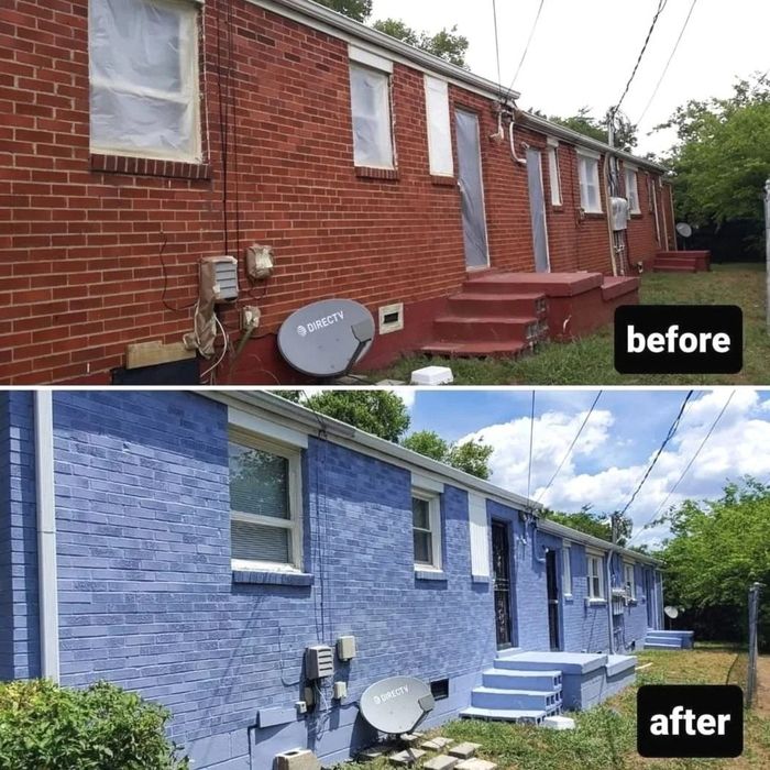 Before and after of a brick building painted from red to blue.