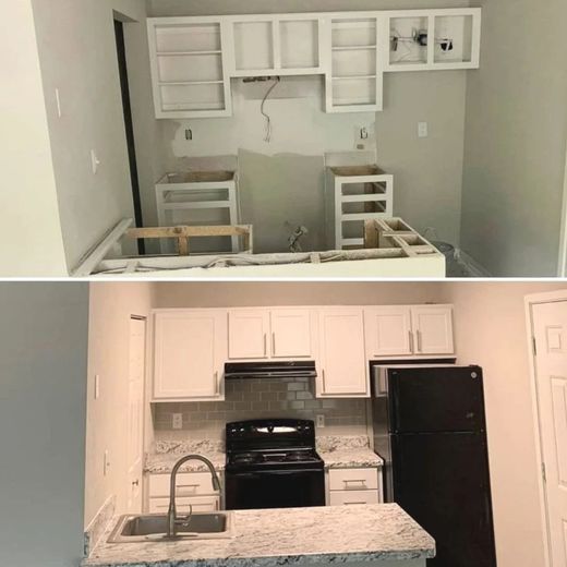 Kitchen remodel: before and after. White cabinets and appliances with a granite countertop.