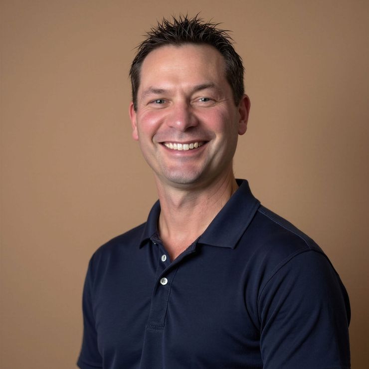 Smiling person in a navy polo shirt against a tan background