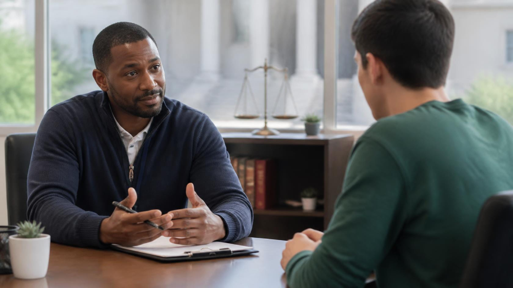 Two people in a counseling session across a desk, one speaking and the other listening attentively.