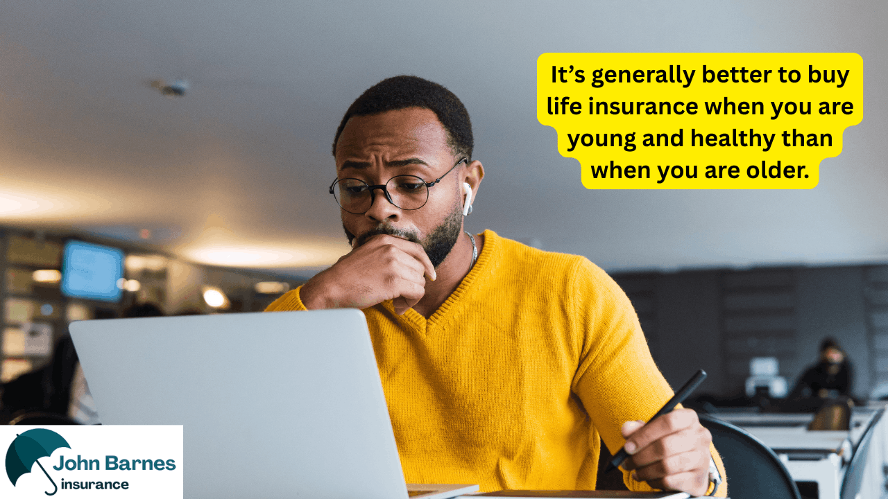 Person in yellow sweater looking at laptop with text about buying life insurance when young and healthy.
