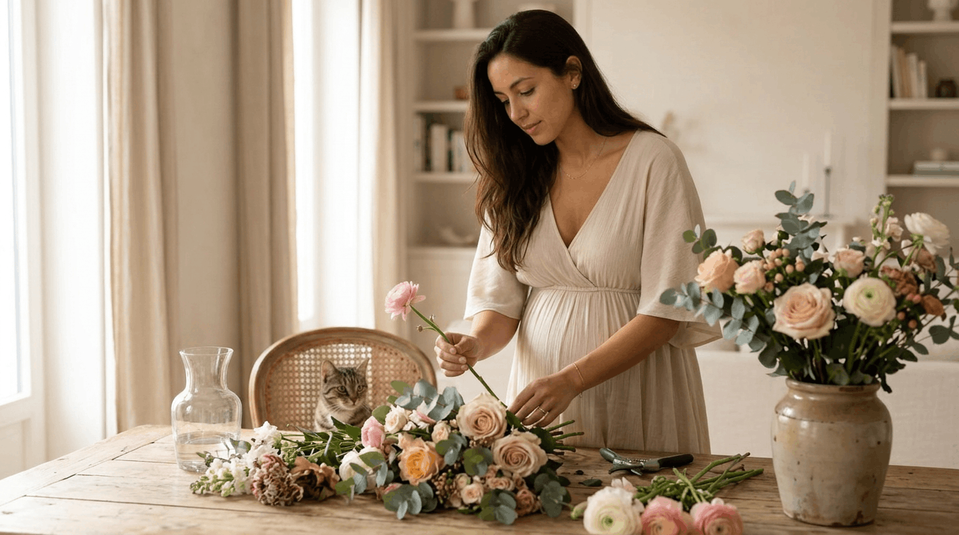 Pregnant woman arranging pastel flowers on a table in a softly lit room