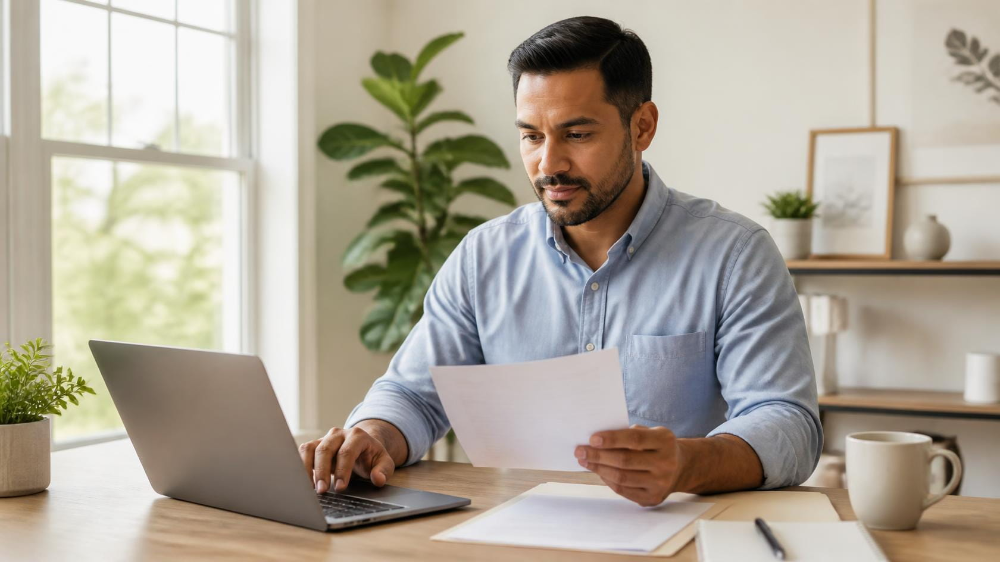 Man working at a desk with a laptop, reading papers in a bright home office