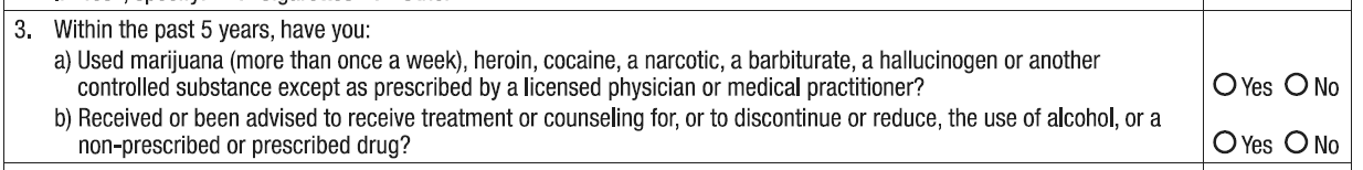 Real life insurance question asking about past history of drug use, which includes opioids.