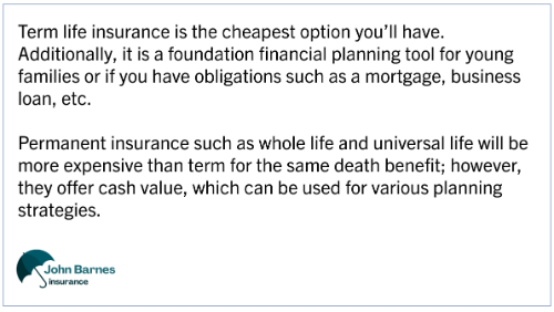 Describes the difference between term life and permanent insurance such as whole life and universal life.