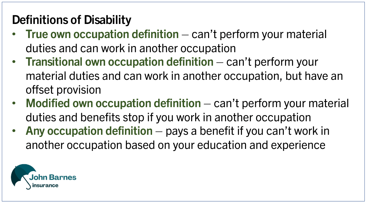 Slide titled “Definitions of Disability” to show the common definitions found in own occupation disability insurance including the stringent any occupation definition.