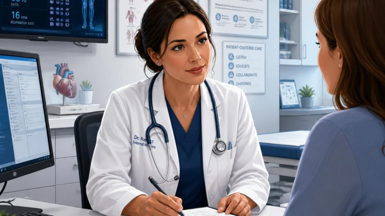 Doctor consulting with a patient in a modern clinic office, with medical monitors in the background