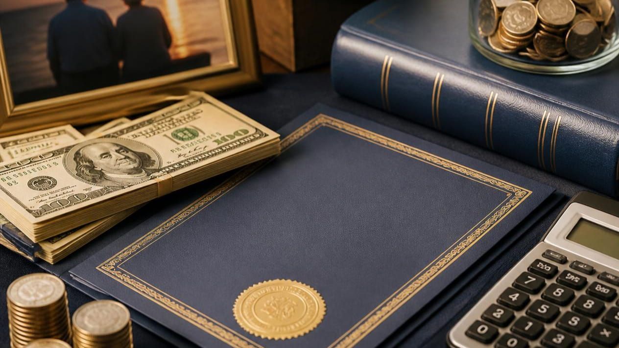 Blue notebook with dollar bills, coins, calculator, and ledger books on a desk