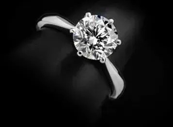 Silver ring with a round diamond solitaire on a black background