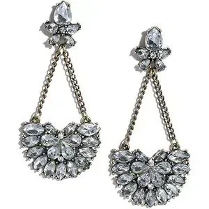 Pair of silver rhinestone drop earrings with teardrop and chain details