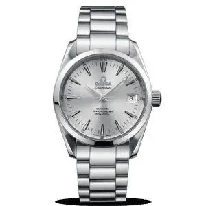 Silver wristwatch with stainless steel band and silver dial on a white background