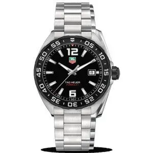 Silver TAG Heuer wristwatch with black dial and stainless steel band, centered on white background
