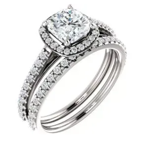 Silver diamond engagement ring with a square-cut center stone and pavé band