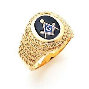 Gold ring with a black enamel face featuring a Masonic symbol and blue square emblem