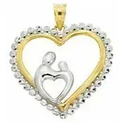 Gold heart pendant with silver figures forming a smaller heart inside, outlined with clear stones
