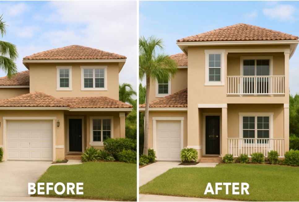 Before and after comparison of a house exterior renovation, showing a tan two-story building with added balconies.