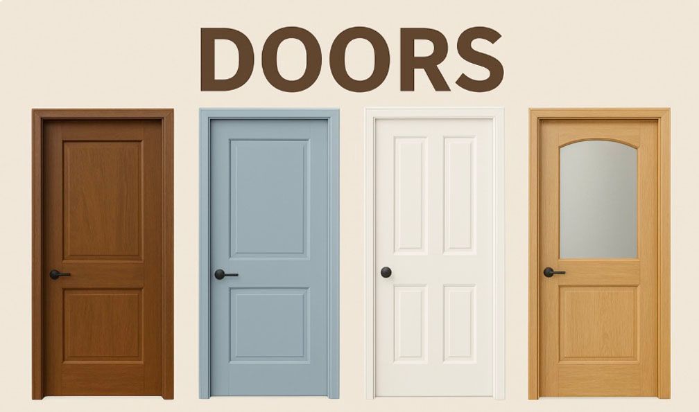 Four interior doors: brown, blue, white, and natural wood. The word