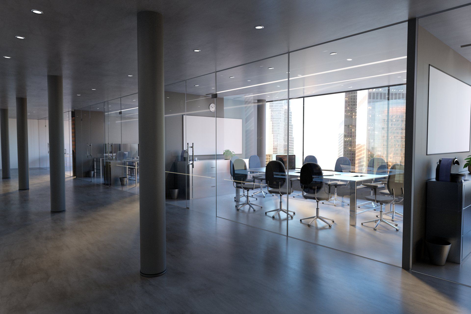Office partition using glass floor to ceiling.  Desk and chairs in place, lots of natural light
