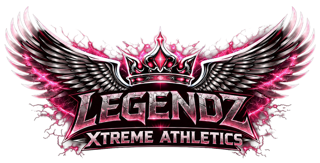 Legendz Xtreme Athletics logo with pink wings, crown, and bold black text on white background