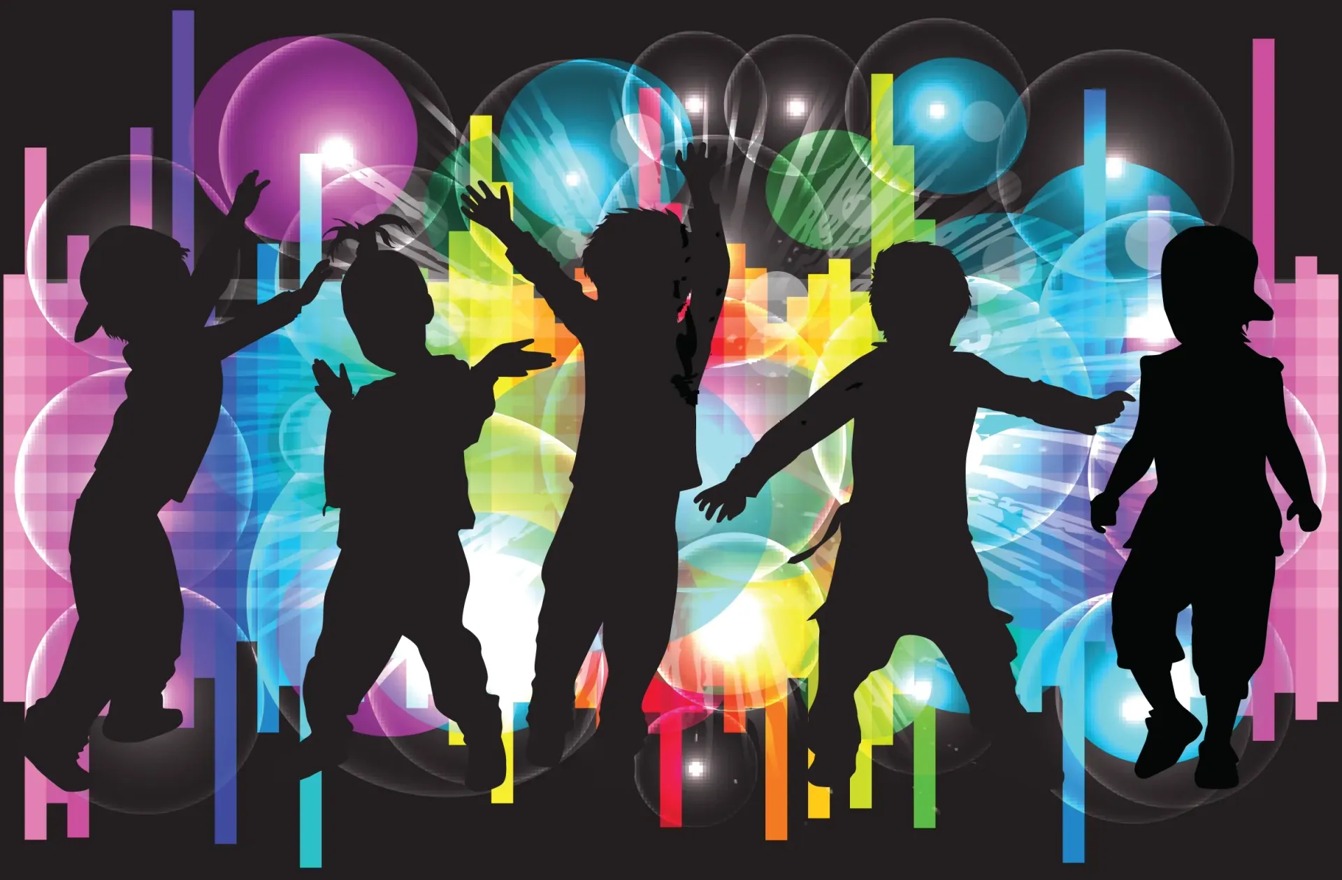 Silhouettes of dancing people against a colorful neon concert-style background