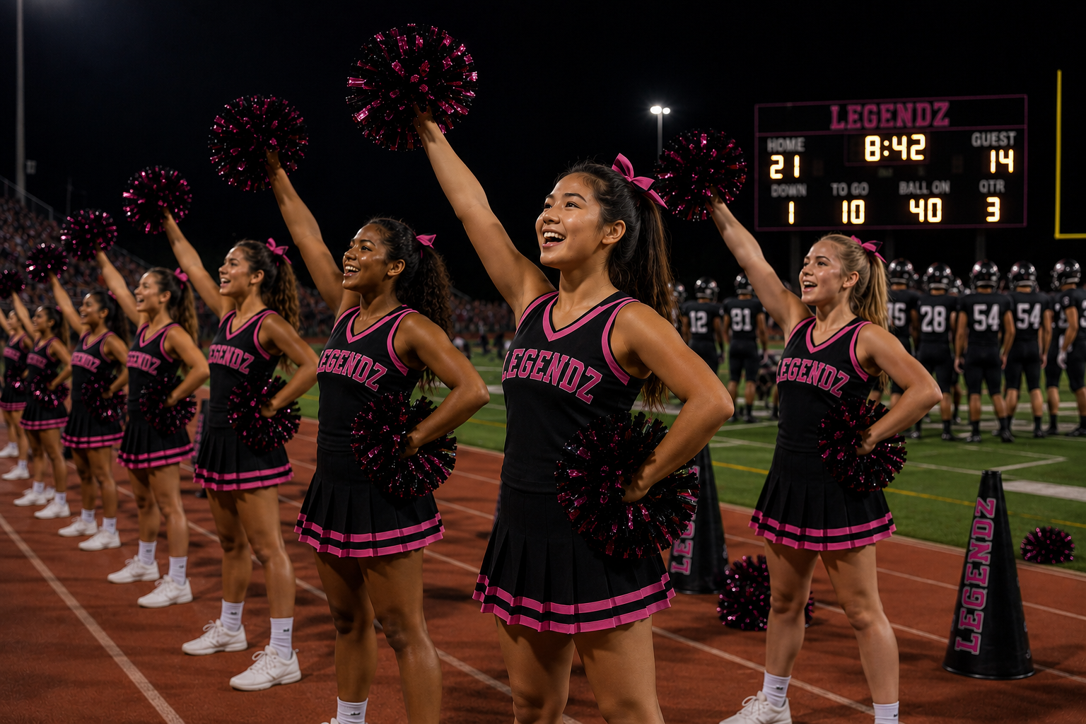 Cheerleaders in black-and-pink uniforms performing at a football game under stadium lights