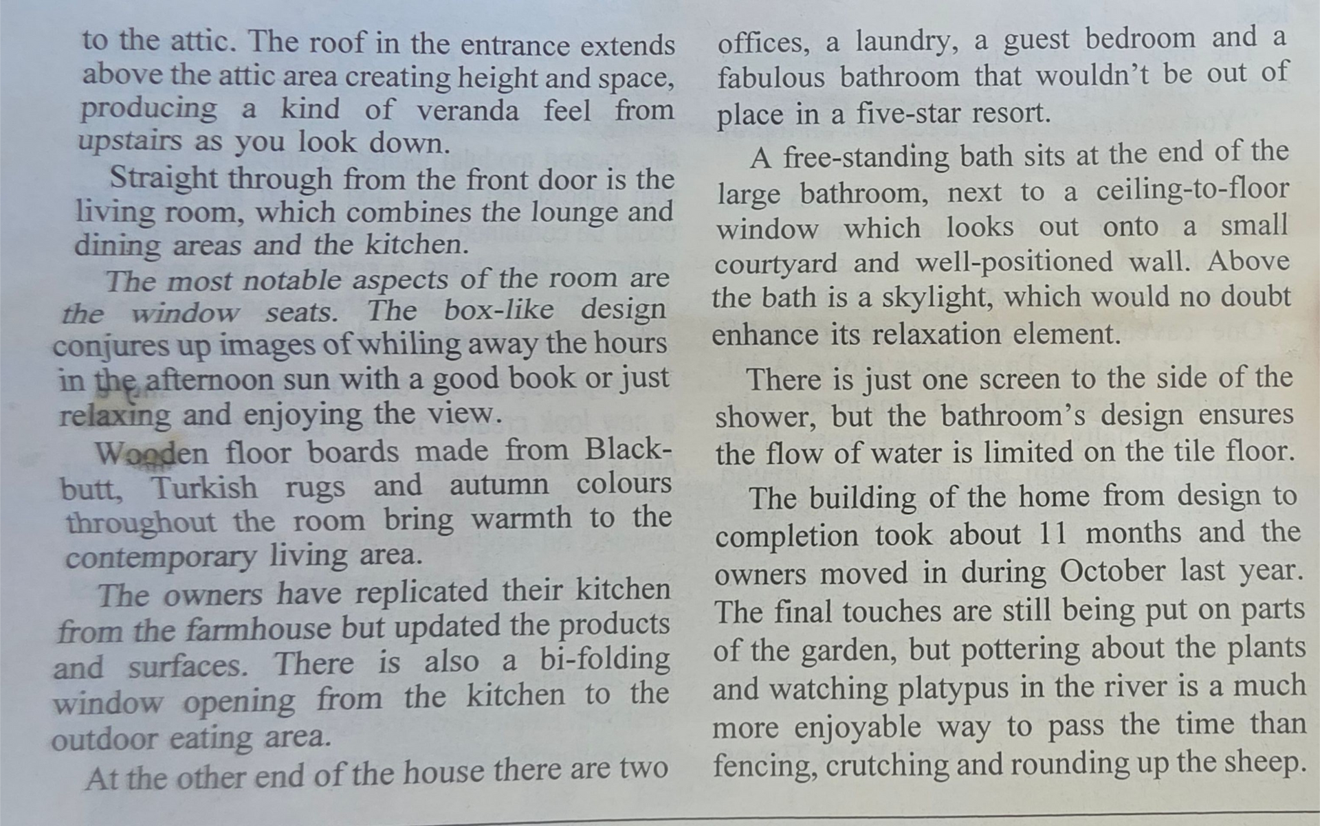 Text from a printed page describing a house, mentioning rooms and design features.