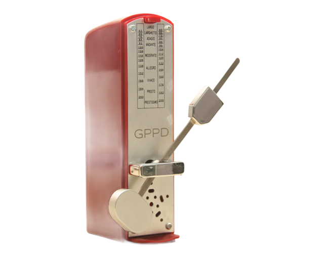 Rood, GPPD metronoom met een meter en een schuine metalen hendel op een witte achtergrond.