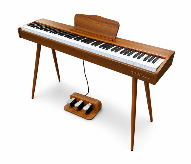 Digitale piano GPPD Home stage C9  met pianokruk en drie pedalen op een witte achtergrond.
