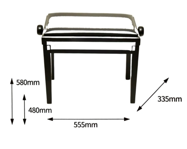 Zwart metalen rollatorframe met de afmetingen 580 mm, 480 mm, 555 mm en 335 mm.