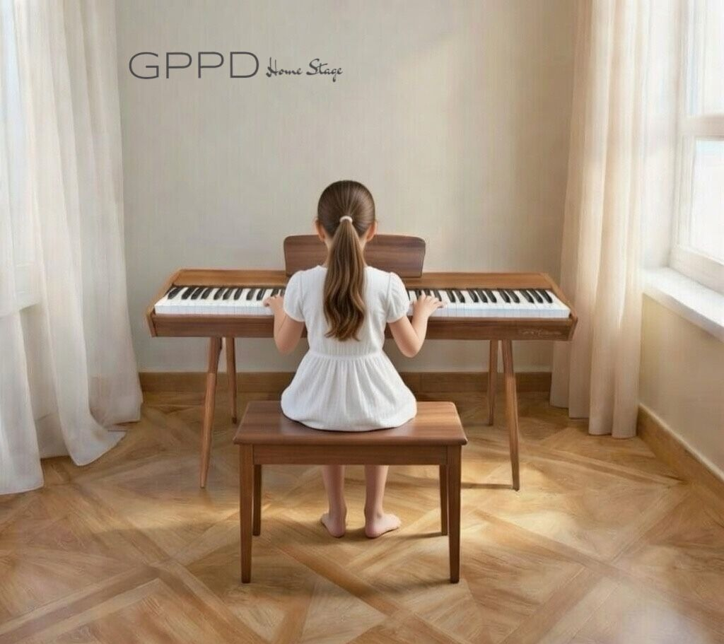 Een persoon zit aan een piano in een lichte kamer met witte gordijnen en een houten vloer.