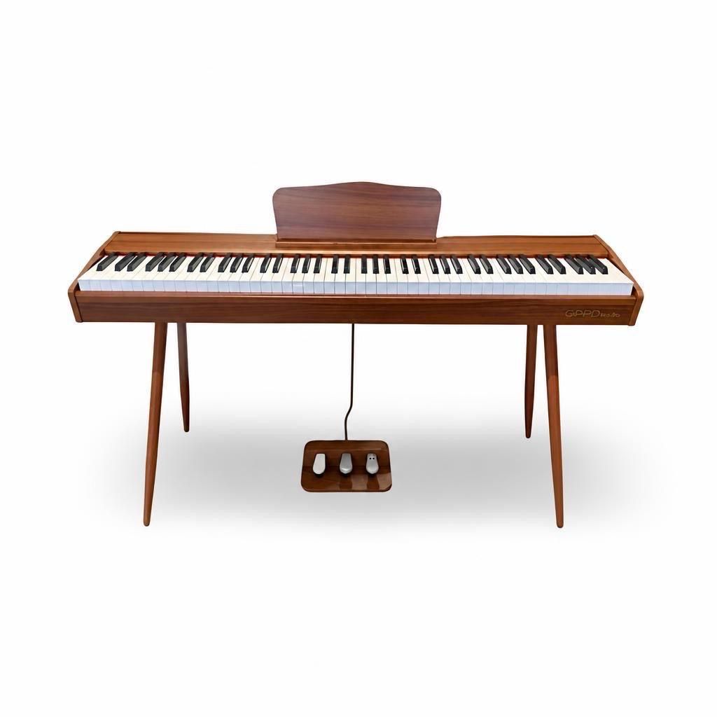 Digitale piano GPPD Home stage C9 met houtnerfmotief, pianokruk en drie pedalen op een witte achtergrond.
