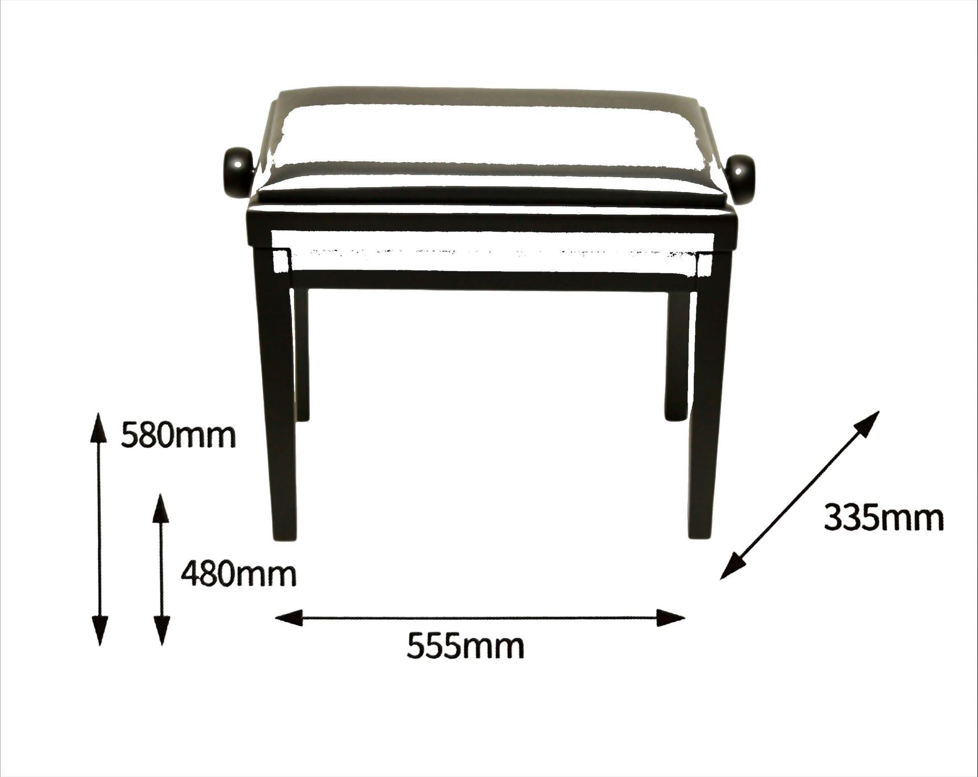Diagram met afmetingen van een GPPD pianobank model 3, met pijlen die de maten 580 mm, 480 mm, 555 mm en 335 mm aangeven.