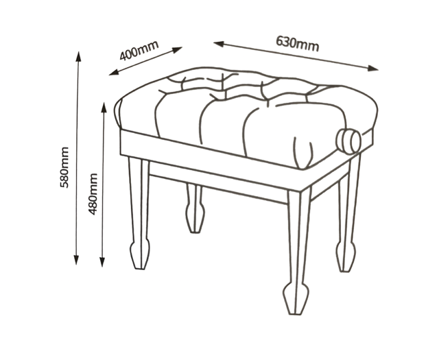 Gestoffeerde bank met gecapitonneerde bekleding en afmetingen van 630 mm, 400 mm, 590 mm en 480 mm.