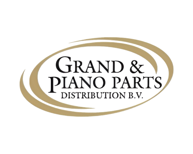 Het logo van Grand & Piano Parts Distribution BV met gouden ovale ringen en zwarte tekst.