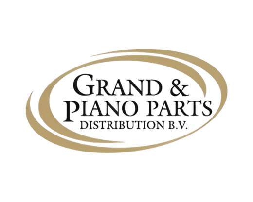 Het logo van Grand & Piano Parts Distribution BV in goud en zwart met een ovale, golvende lijn.