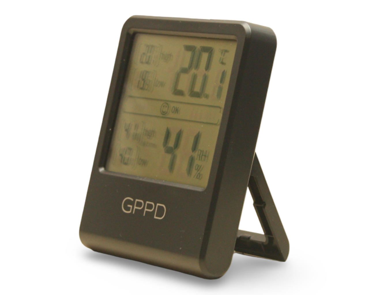 Zwarte GPPD digitale thermometer/hygrometer met uitklapbare standaard, waarop 20.1 en 41 op het LCD-scherm worden weergegeven.