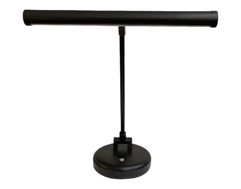 Zwarte verstelbare pianolamp met een horizontale lichtbalk op een ronde voet.
