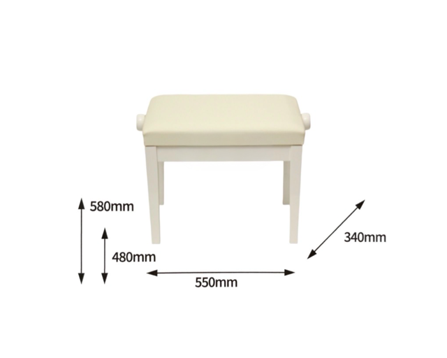 Beige gestoffeerde poef met de volgende afmetingen: 580 mm hoog, 550 mm breed, 340 mm diep.