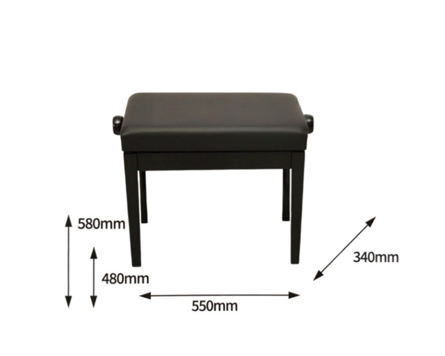 Zwarte bank met de volgende afmetingen: 580 mm hoog, 550 mm breed en 340 mm diep.