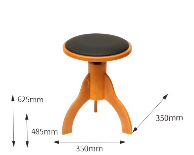 Oranje en zwarte kruk met afmetingen van 625 mm hoog en 350 mm breed.