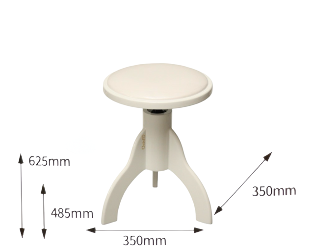 Witte GPPD kruk met ronde zitting, afgebeeld met afmetingen in millimeters.