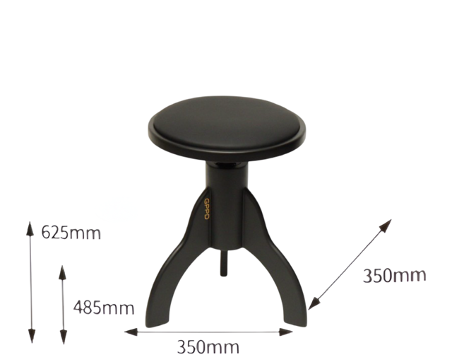 Zwarte ronde kruk met drie poten, afmetingen: 625 mm hoog en 350 mm breed/diep.