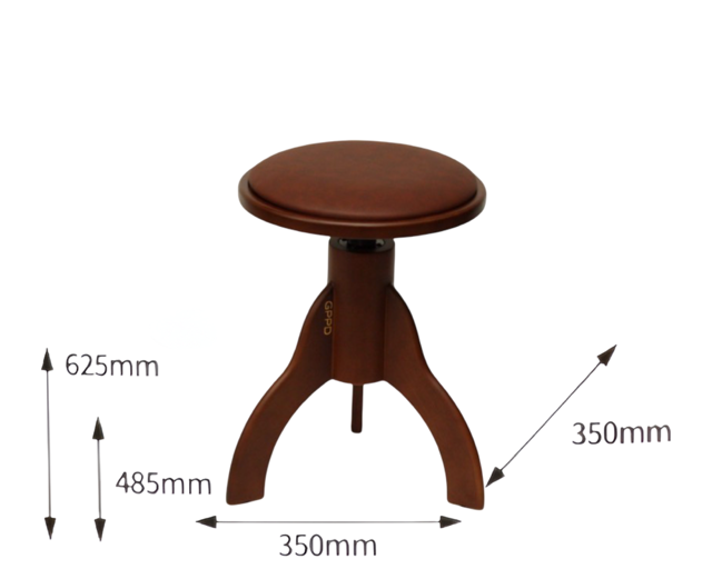 Bruine houten kruk met ronde zitting en drie poten, afgebeeld met een hoogte van 625 mm en een breedte van 350 mm.