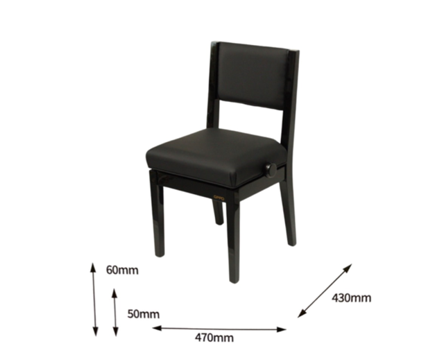 Zwarte stoel met de volgende afmetingen: 470 mm breed, 430 mm diep en 650 mm hoog.